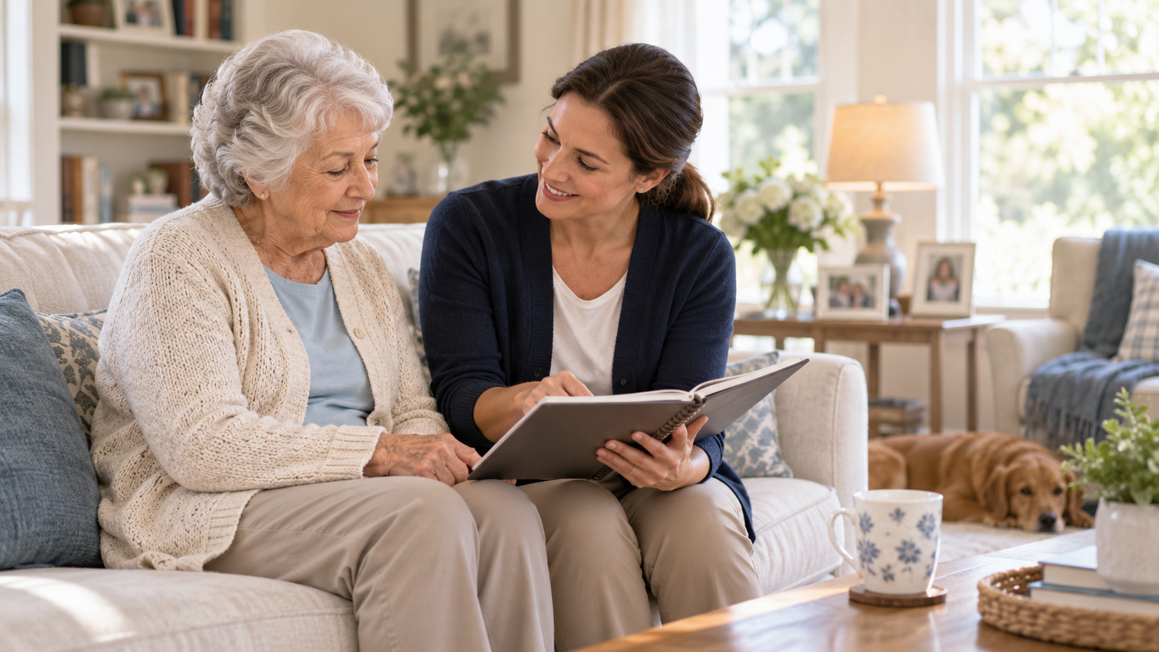 Caregiver sitting with an older woman at home