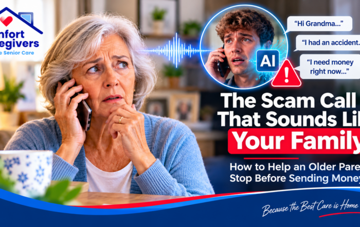 Older woman receiving an AI voice scam call pretending to be a family member