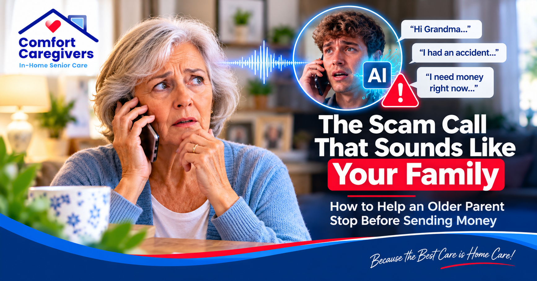 Older woman receiving an AI voice scam call pretending to be a family member